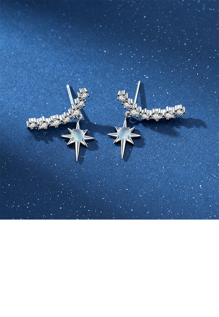 925 Sterling Silver Simple Temperament Eight-pointed Star Moonstone Geometric Stud Earrings with Cubic Zirconia - Luxurious Look