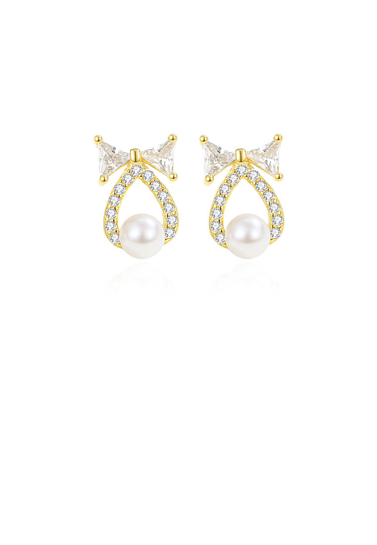 925 Sterling Silver Plated Gold Simple and Sweet Ribbon Water Drop-shaped Imitation Pearl Stud Earrings with Cubic Zirconia - Luxurious Look