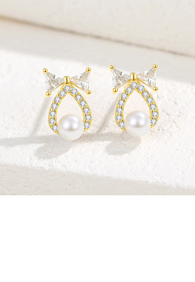 925 Sterling Silver Plated Gold Simple and Sweet Ribbon Water Drop-shaped Imitation Pearl Stud Earrings with Cubic Zirconia - Luxurious Look