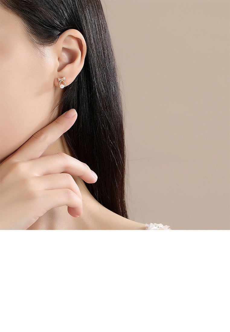925 Sterling Silver Plated Gold Simple and Sweet Ribbon Water Drop-shaped Imitation Pearl Stud Earrings with Cubic Zirconia - Luxurious Look