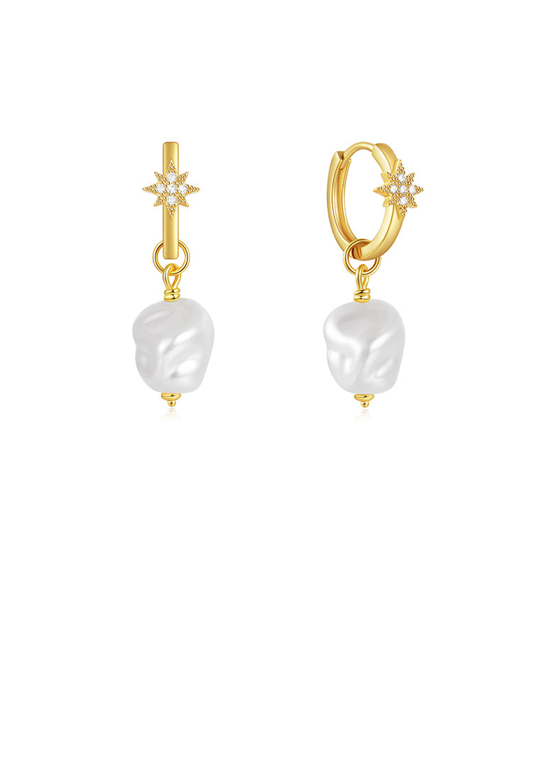 925 Sterling Silver Plated Gold Fashion and Elegant Eight-pointed Star Irregular Imitation Pearl Earrings with Cubic Zirconia - Luxurious Look
