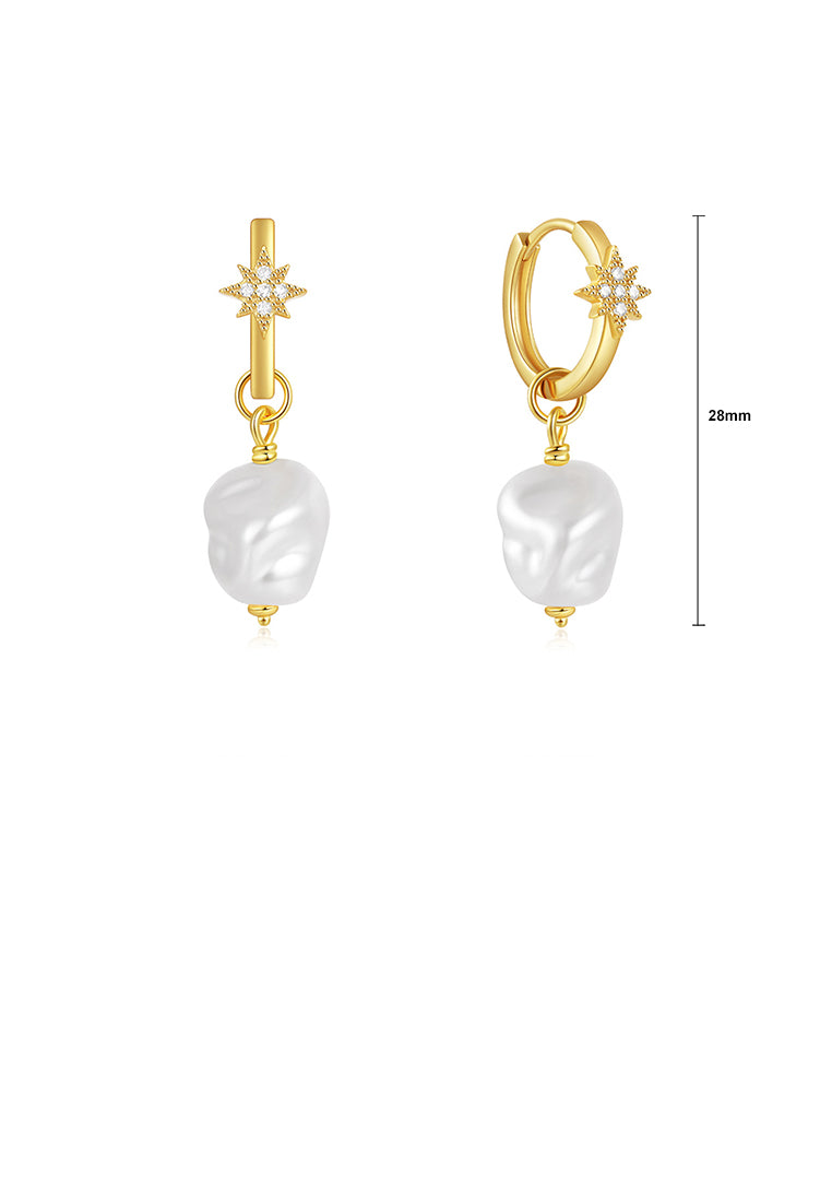925 Sterling Silver Plated Gold Fashion and Elegant Eight-pointed Star Irregular Imitation Pearl Earrings with Cubic Zirconia - Luxurious Look