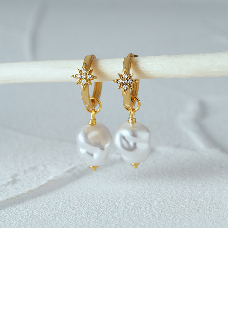 925 Sterling Silver Plated Gold Fashion and Elegant Eight-pointed Star Irregular Imitation Pearl Earrings with Cubic Zirconia - Luxurious Look