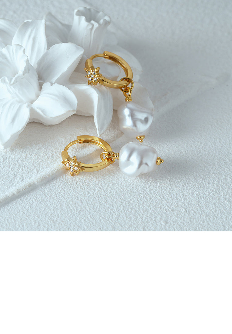 925 Sterling Silver Plated Gold Fashion and Elegant Eight-pointed Star Irregular Imitation Pearl Earrings with Cubic Zirconia - Luxurious Look