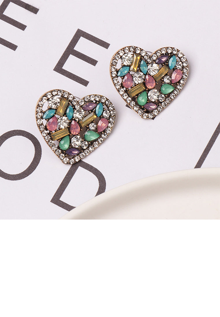 Simple Brilliant Plated Gold Heart-shaped Stud Earrings with Colored Cubic Zirconia - Luxurious Look