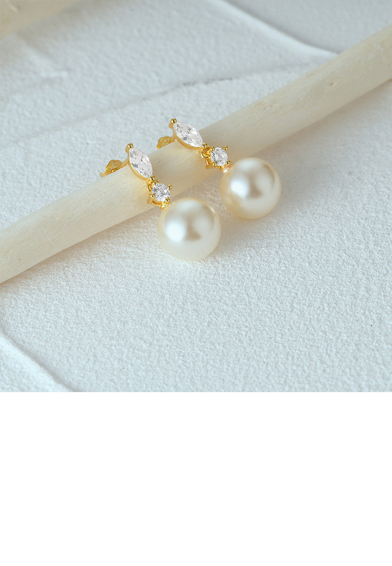 925 Sterling Silver Plated Gold Fashion Elegant Imitation Pearl Geometric Stud Earrings with Cubic Zirconia - Luxurious Look
