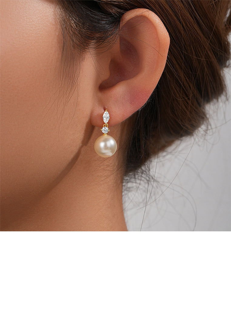 925 Sterling Silver Plated Gold Fashion Elegant Imitation Pearl Geometric Stud Earrings with Cubic Zirconia - Luxurious Look