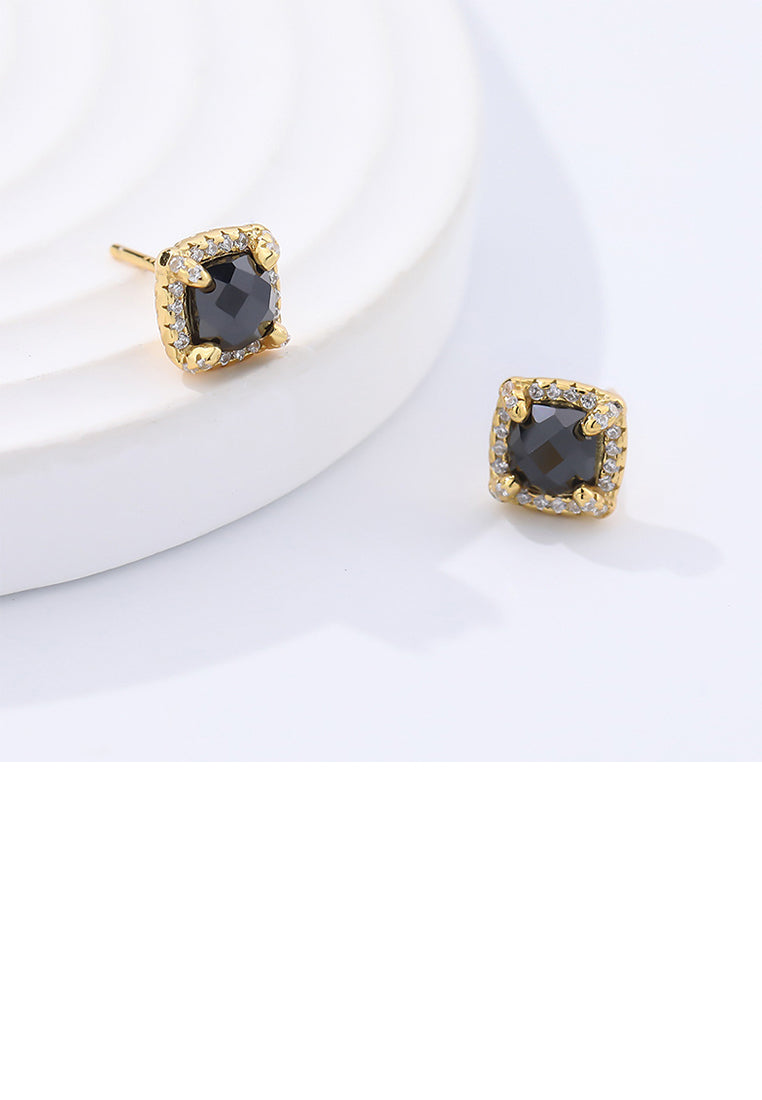 925 Sterling Silver Plated Gold Simple Fashion Black Geometric Square Stud Earrings with Cubic Zirconia - Luxurious Look