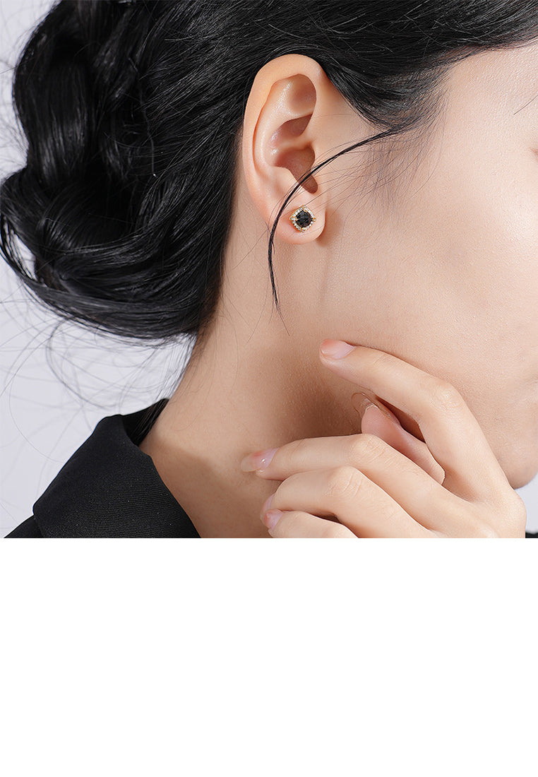 925 Sterling Silver Plated Gold Simple Fashion Black Geometric Square Stud Earrings with Cubic Zirconia - Luxurious Look