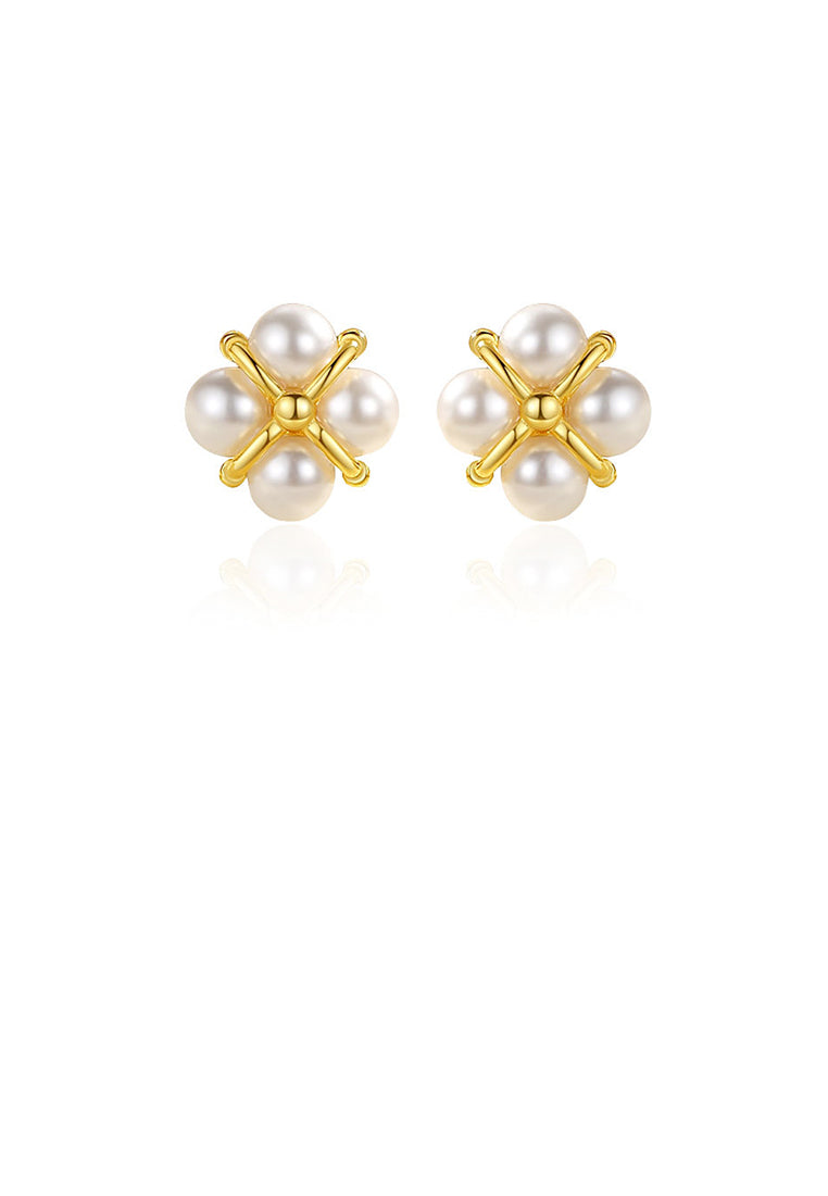 925 Sterling Silver Plated Gold Simple and Elegant Four-leafed Clover Imitation Pearl Stud Earrings - Luxurious Look