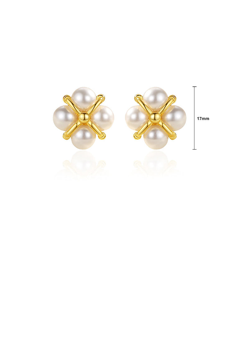 925 Sterling Silver Plated Gold Simple and Elegant Four-leafed Clover Imitation Pearl Stud Earrings - Luxurious Look