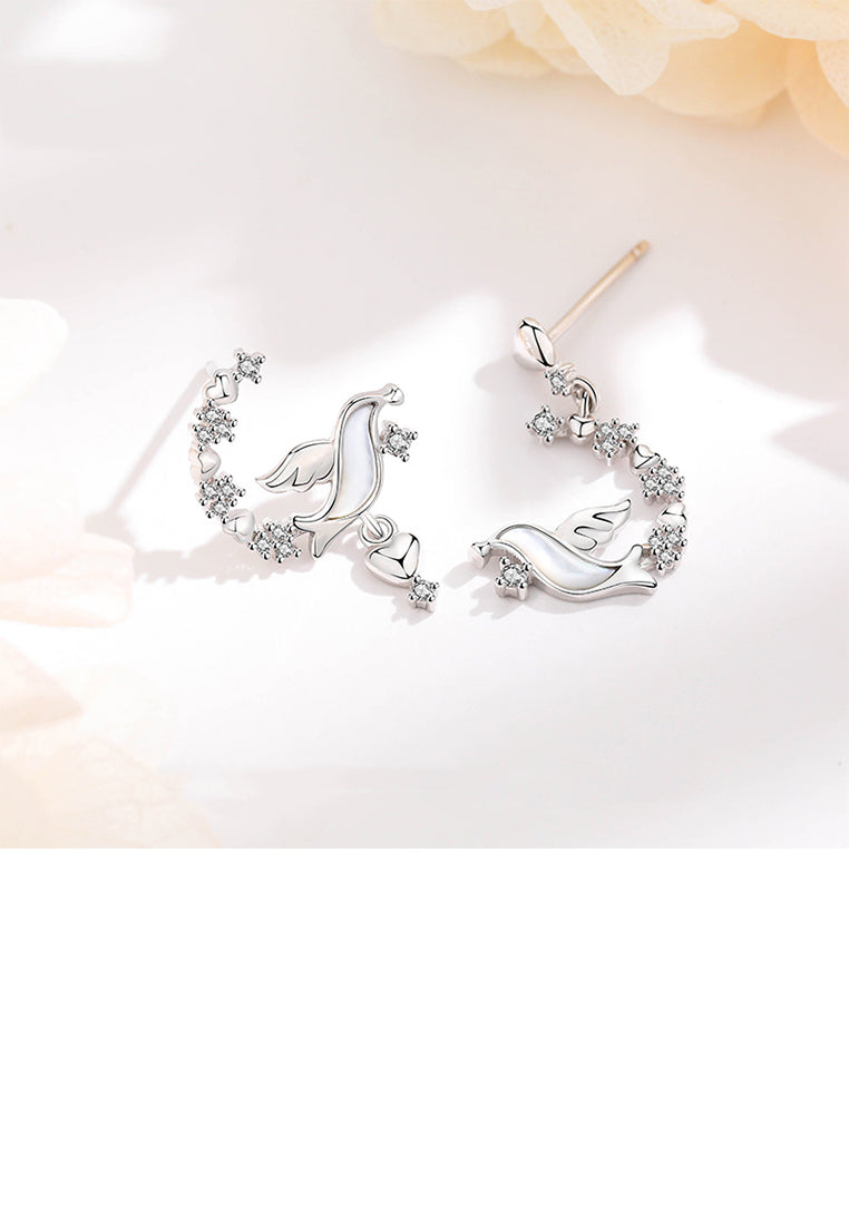 925 Sterling Silver Fashion Simple Bird Circle Asymmetric Stud Earrings with Cubic Zirconia - Luxurious Look