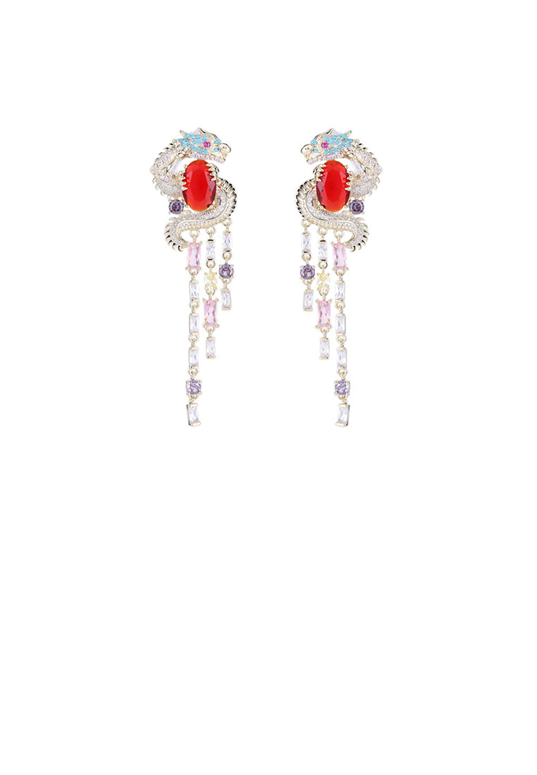 Fashion Vintage Plated Gold Twelve Zodiac Dragon Tassel Earrings with Cubic Zirconia - Luxurious Look