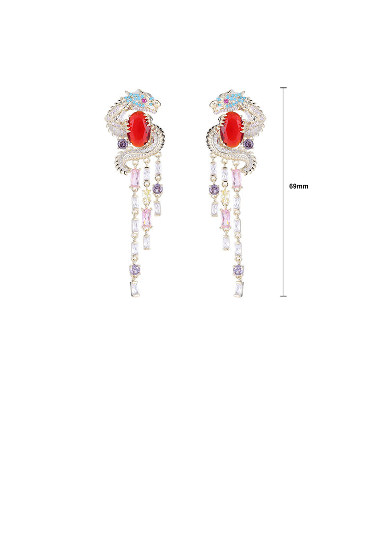 Fashion Vintage Plated Gold Twelve Zodiac Dragon Tassel Earrings with Cubic Zirconia - Luxurious Look