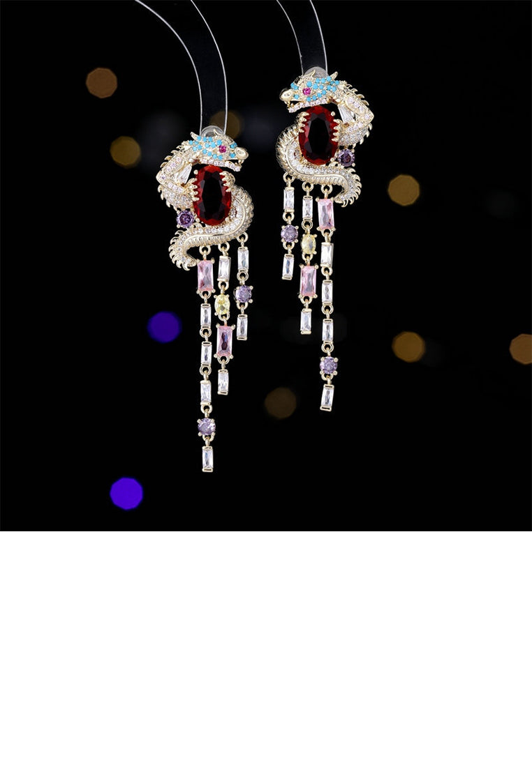 Fashion Vintage Plated Gold Twelve Zodiac Dragon Tassel Earrings with Cubic Zirconia - Luxurious Look