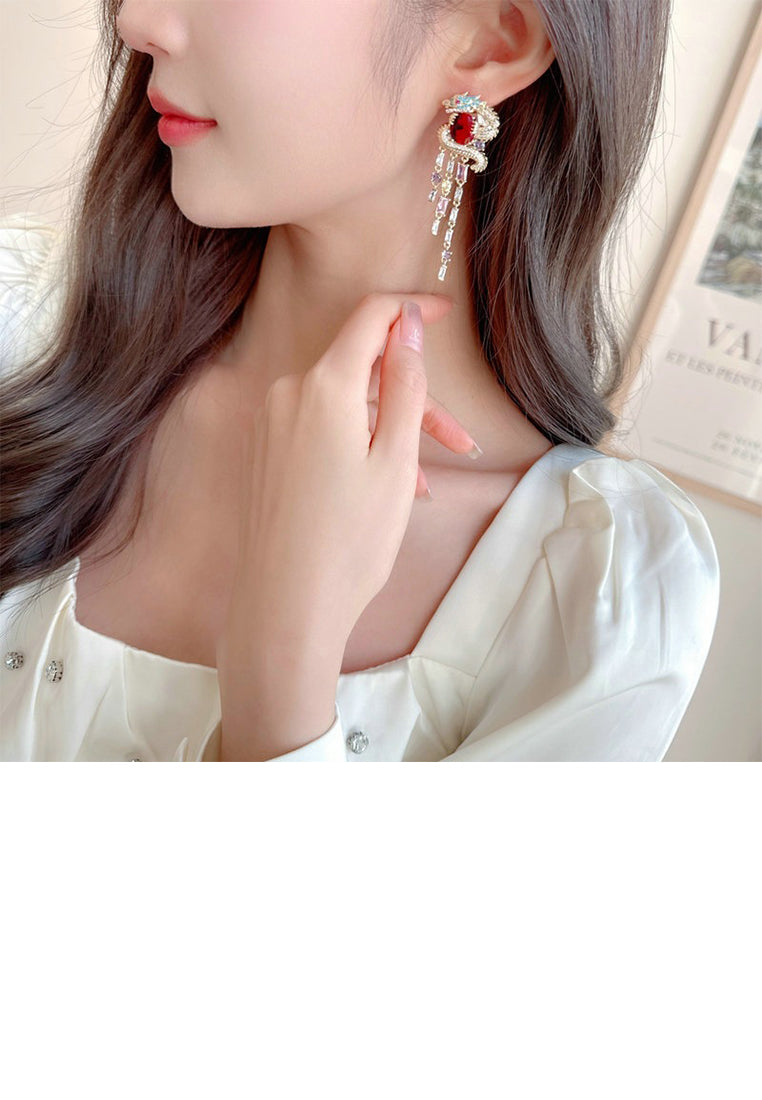 Fashion Vintage Plated Gold Twelve Zodiac Dragon Tassel Earrings with Cubic Zirconia - Luxurious Look