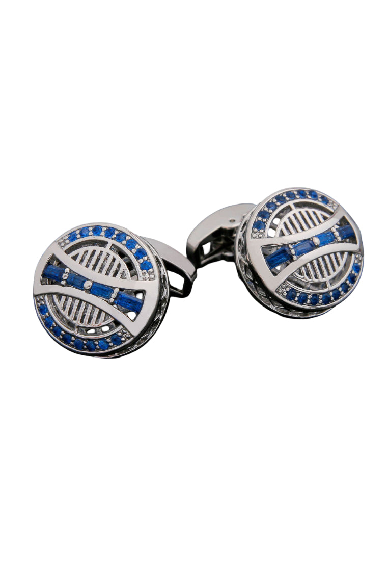 Pair Of Blue Zircon Round Silver Art Hollow Design Men's Cufflinks