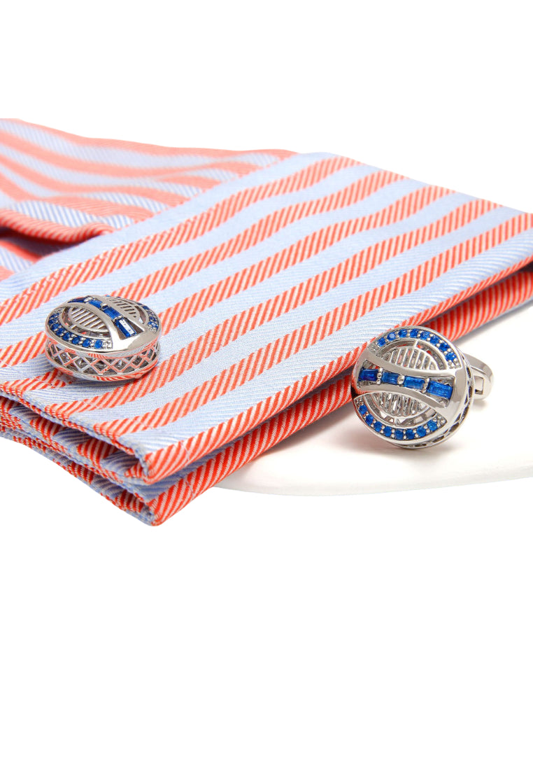 Pair Of Blue Zircon Round Silver Art Hollow Design Men's Cufflinks