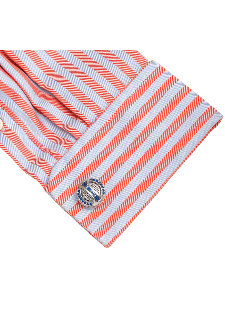 Pair Of Blue Zircon Round Silver Art Hollow Design Men's Cufflinks