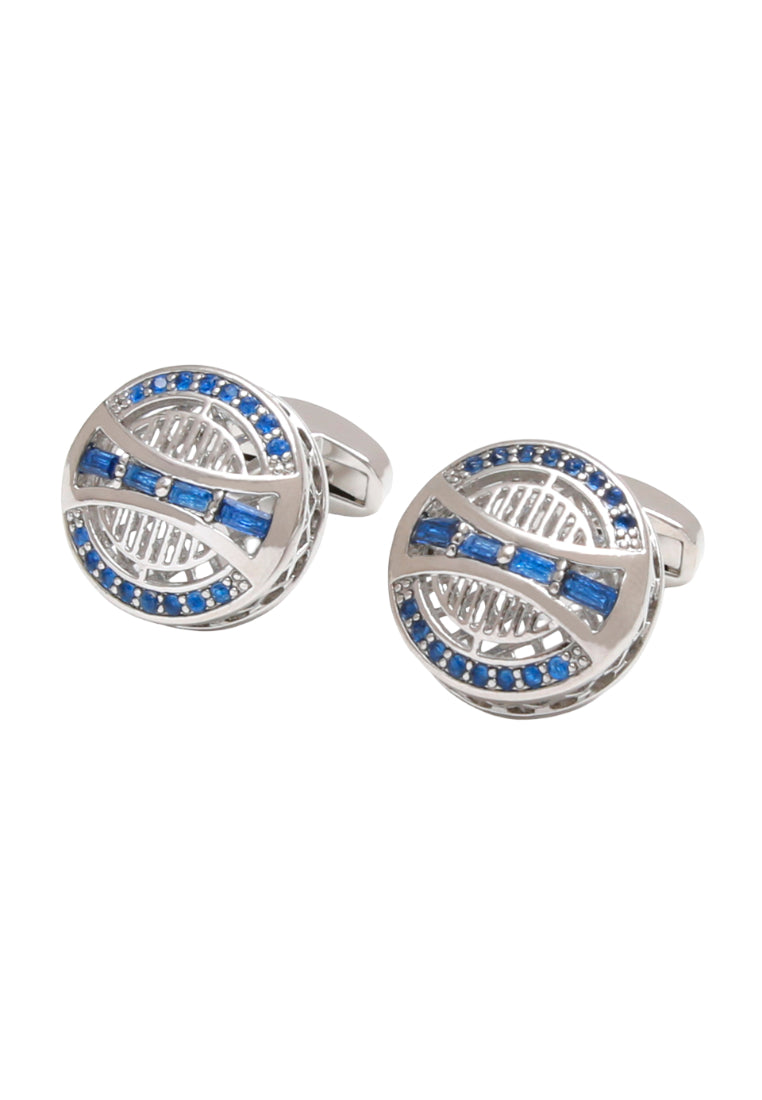 Pair Of Blue Zircon Round Silver Art Hollow Design Men's Cufflinks