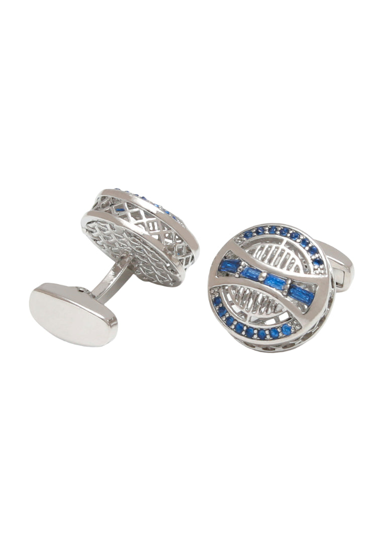 Pair Of Blue Zircon Round Silver Art Hollow Design Men's Cufflinks