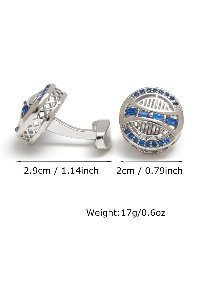 Pair Of Blue Zircon Round Silver Art Hollow Design Men's Cufflinks