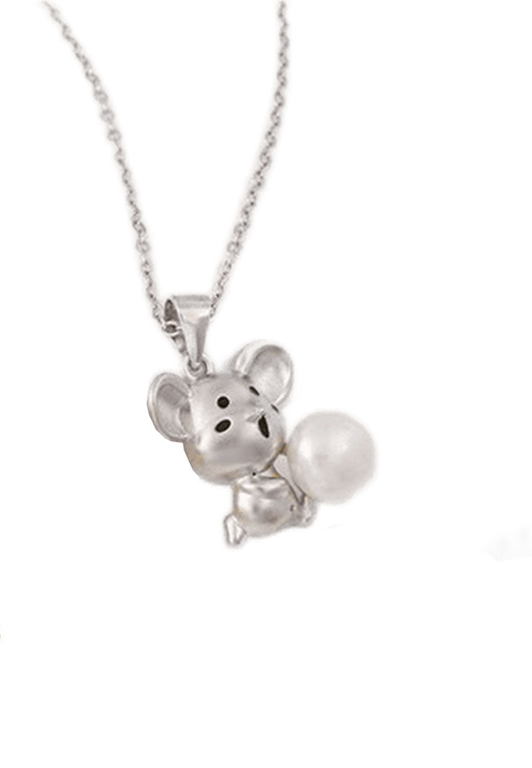 Cute Mouse Freshwater Pearl Necklace Silver Color