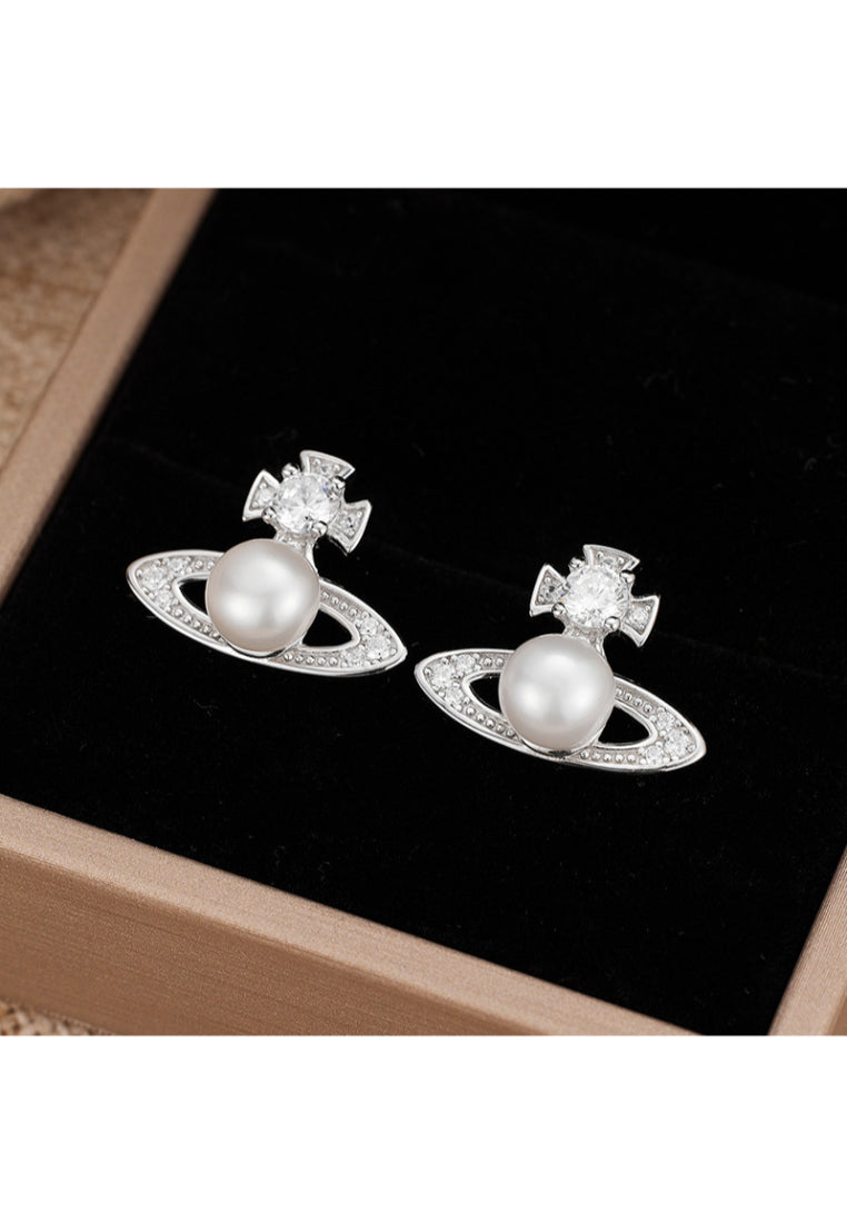 N Luxuryiche S925 Silver Saturn Cross Earrings with Unique Design and Silver Like Elegance